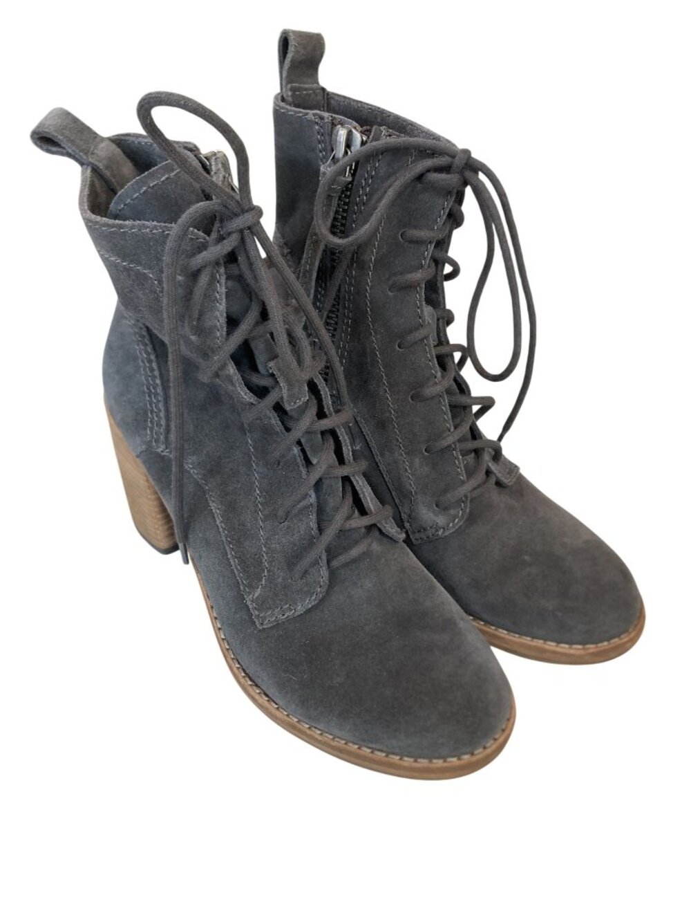 Dolce Vita Gray Suede Lace-Up Ankle Boots With Chunky Heel & Side Zipper Womens